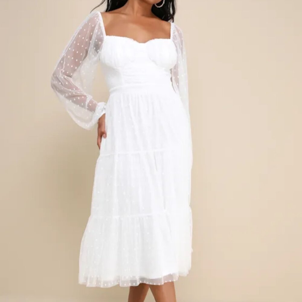 LULUs White Swiss Dot Tiered Bustier Midi Dress